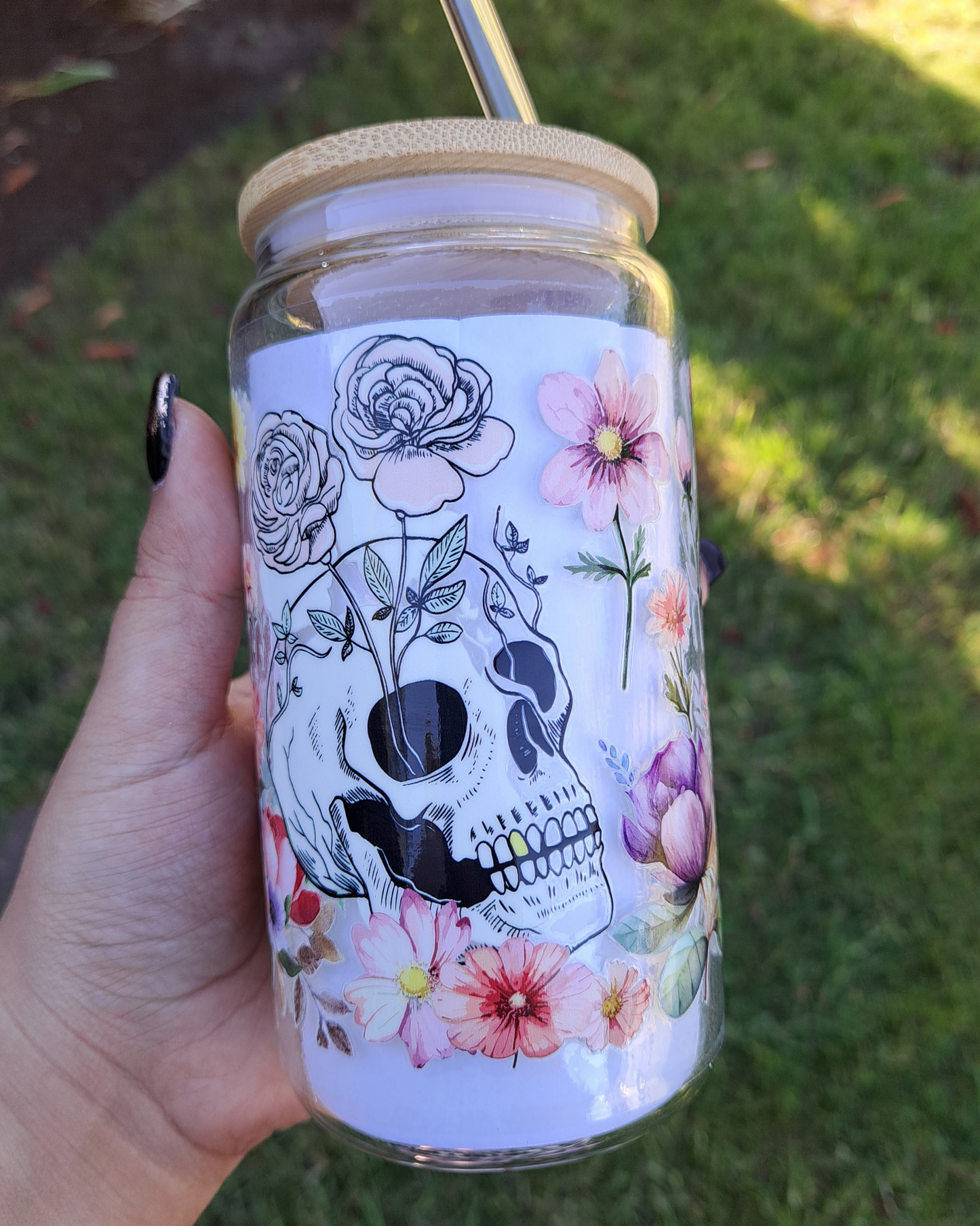 16oz Glass Libby - Skull with flowers