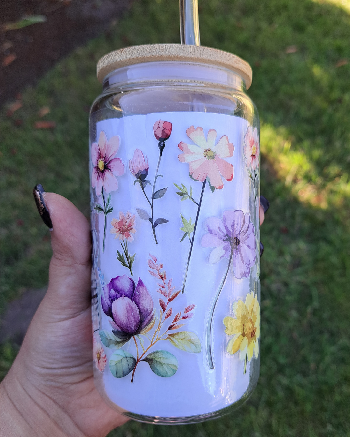 16oz Glass Libby - Skull with flowers