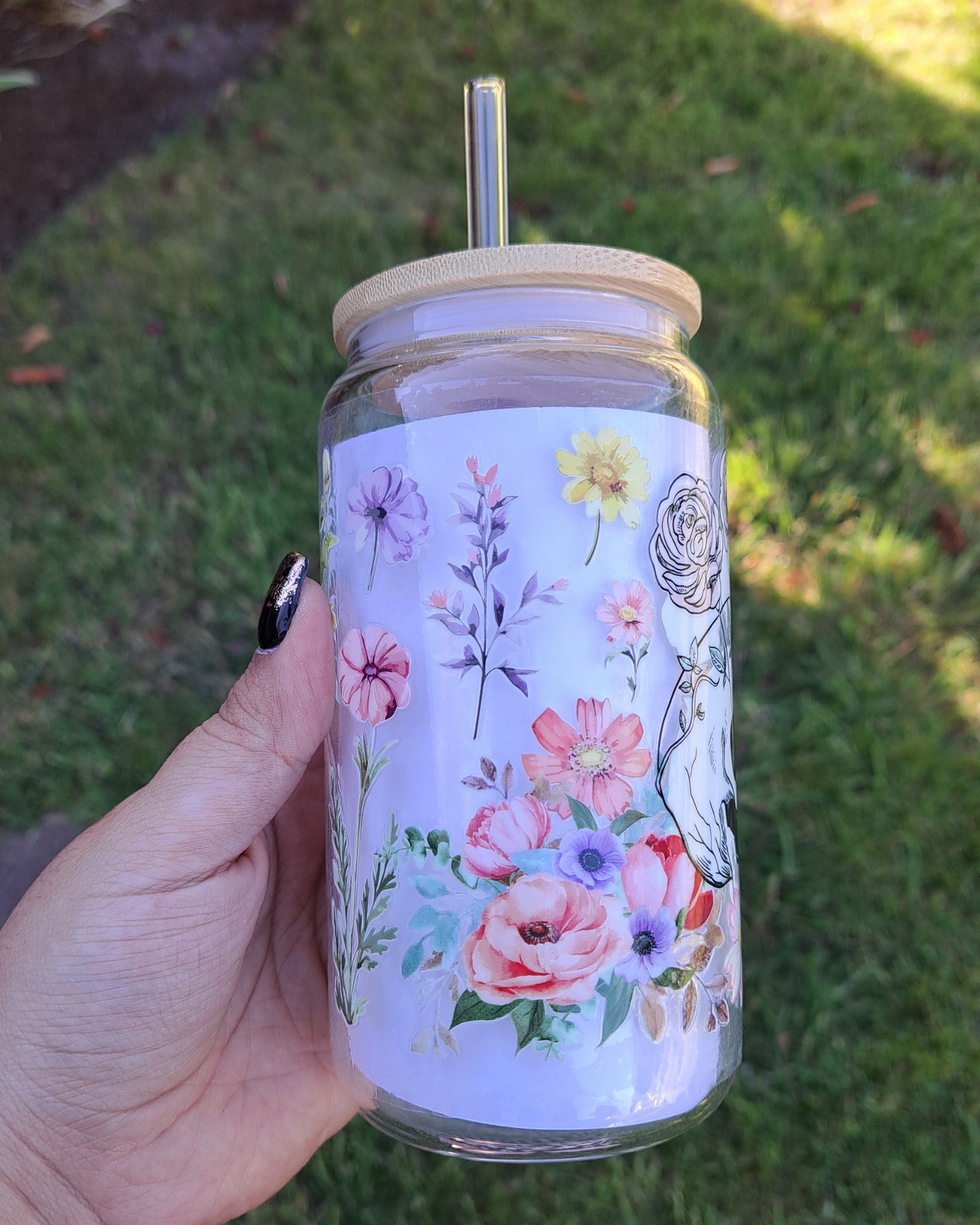 16oz Glass Libby - Skull with flowers