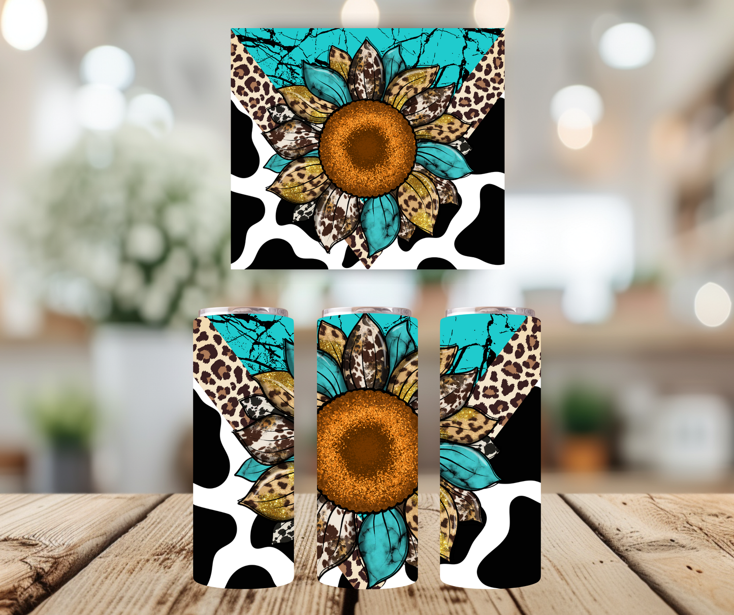 20oz Tumbler - Teal Flower in Cow Print