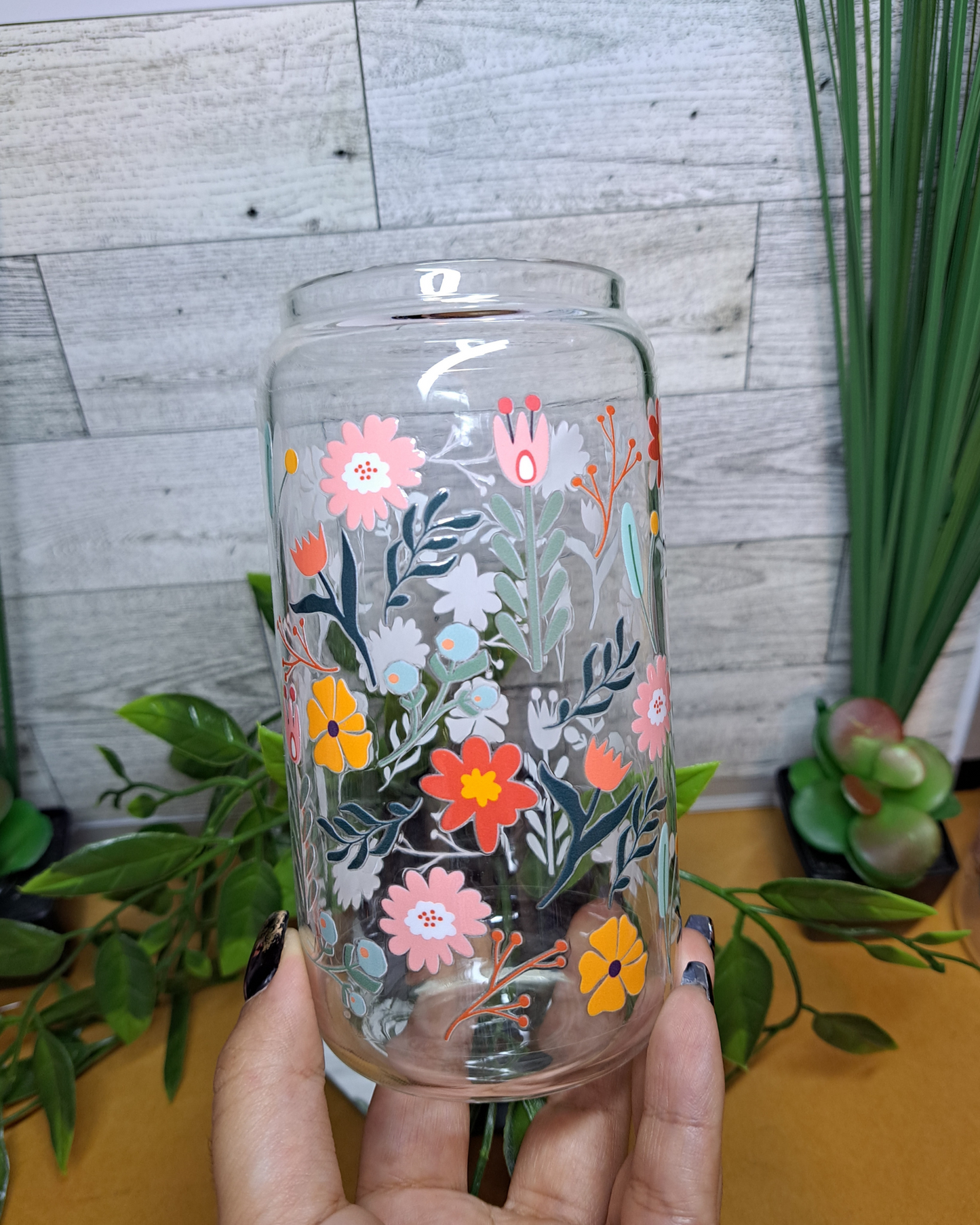 16oz Glass Libby - Colorful Flowers